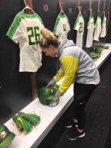 Kenzie Obrachta, football equipment manager, is a candidate for Helmet Tracker's AEMA Certification Exam Scholarship